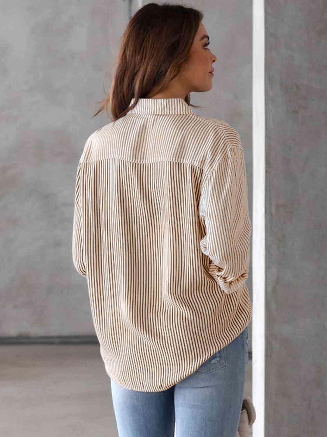 Striped Collared Neck Shirt with Pocket - Bona Fide Fashion