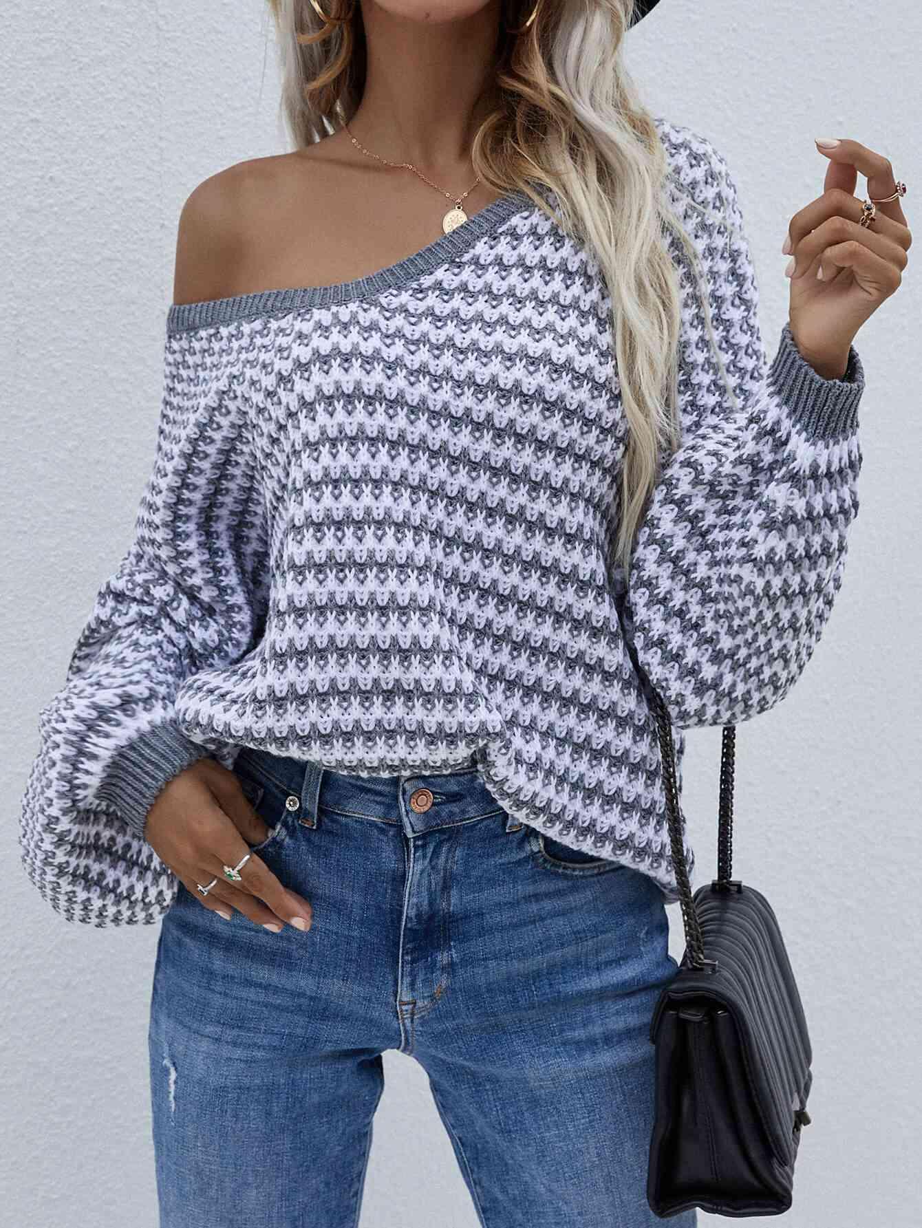 Striped Drop Shoulder V-Neck Pullover Sweater - Bona Fide Fashion