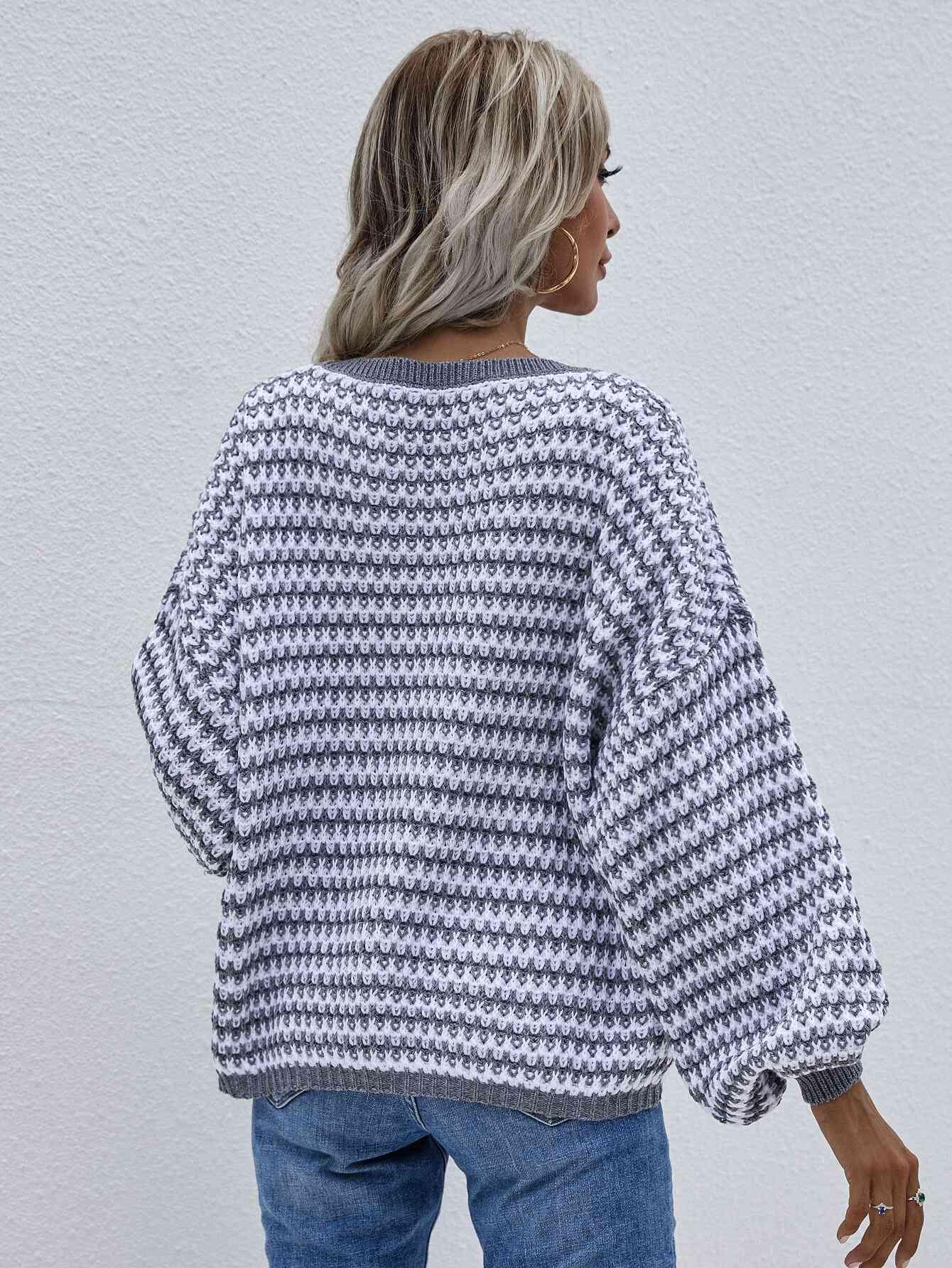 Striped Drop Shoulder V-Neck Pullover Sweater - Bona Fide Fashion