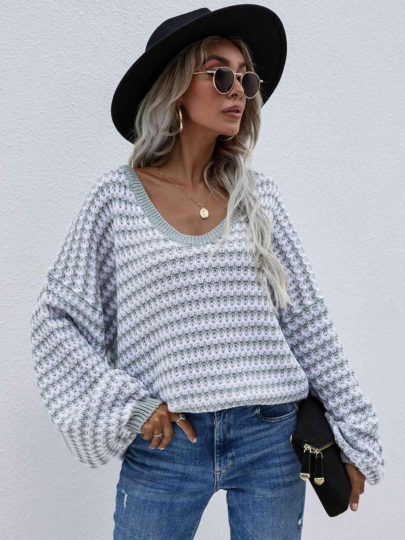 Striped Drop Shoulder V-Neck Pullover Sweater - Bona Fide Fashion