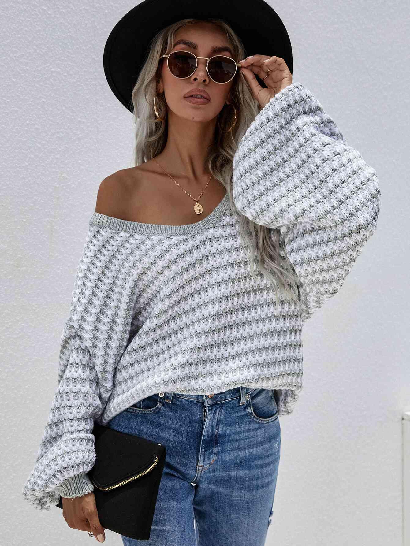 Striped Drop Shoulder V-Neck Pullover Sweater - Bona Fide Fashion