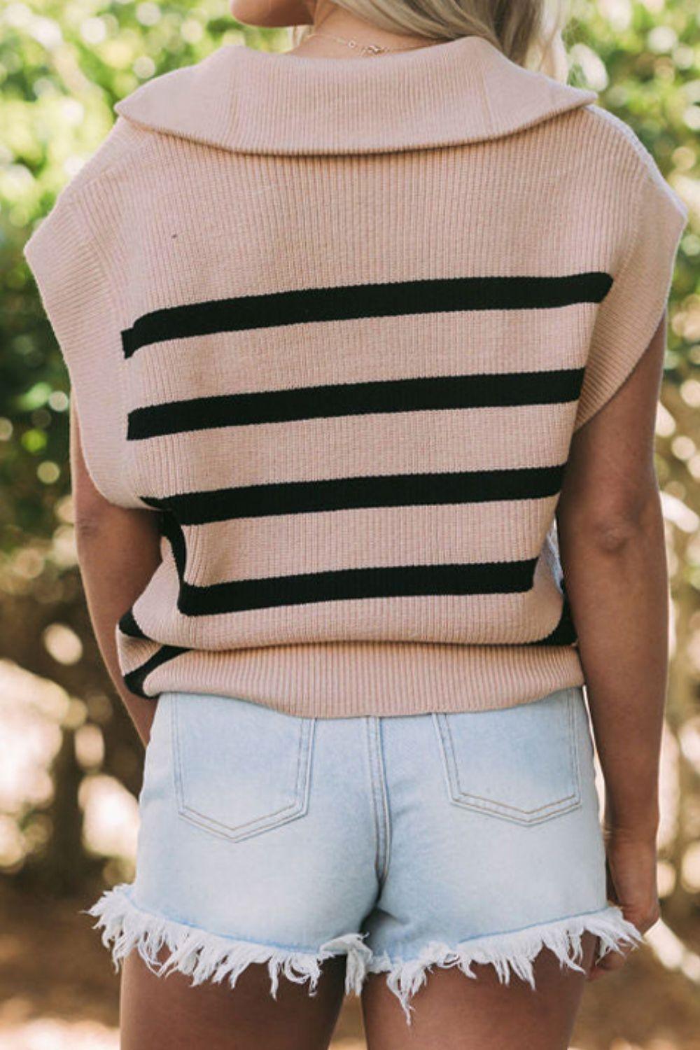 Striped Half Zip Cap Sleeve Knit Top - Bona Fide Fashion