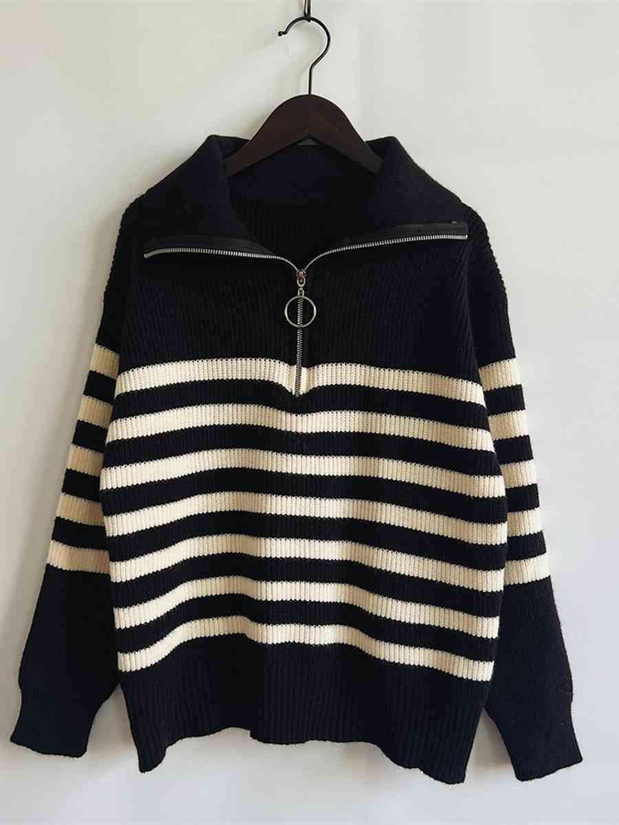 Striped Half Zip Collared Sweater - Bona Fide Fashion