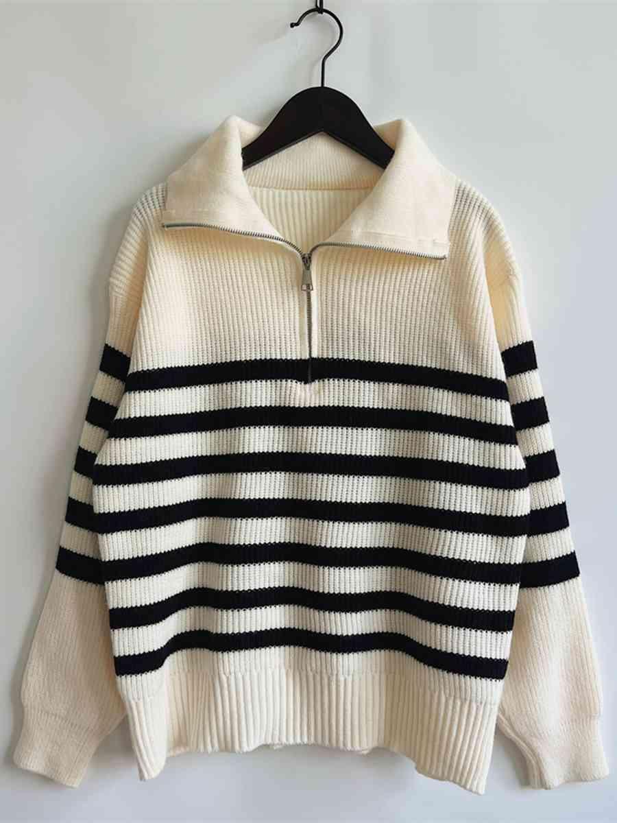 Striped Half Zip Collared Sweater - Bona Fide Fashion