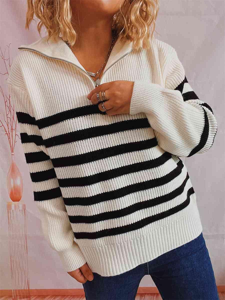 Striped Half Zip Collared Sweater - Bona Fide Fashion