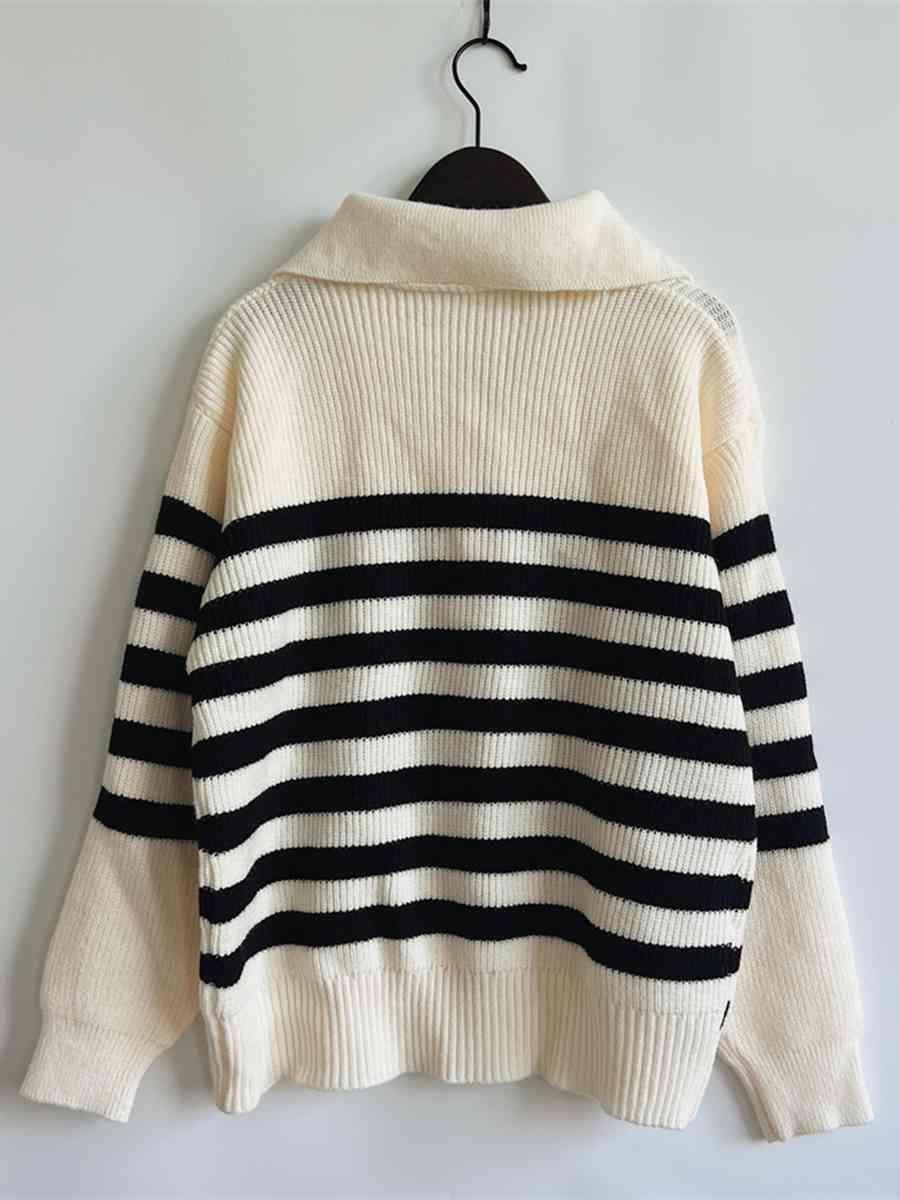 Striped Half Zip Collared Sweater - Bona Fide Fashion