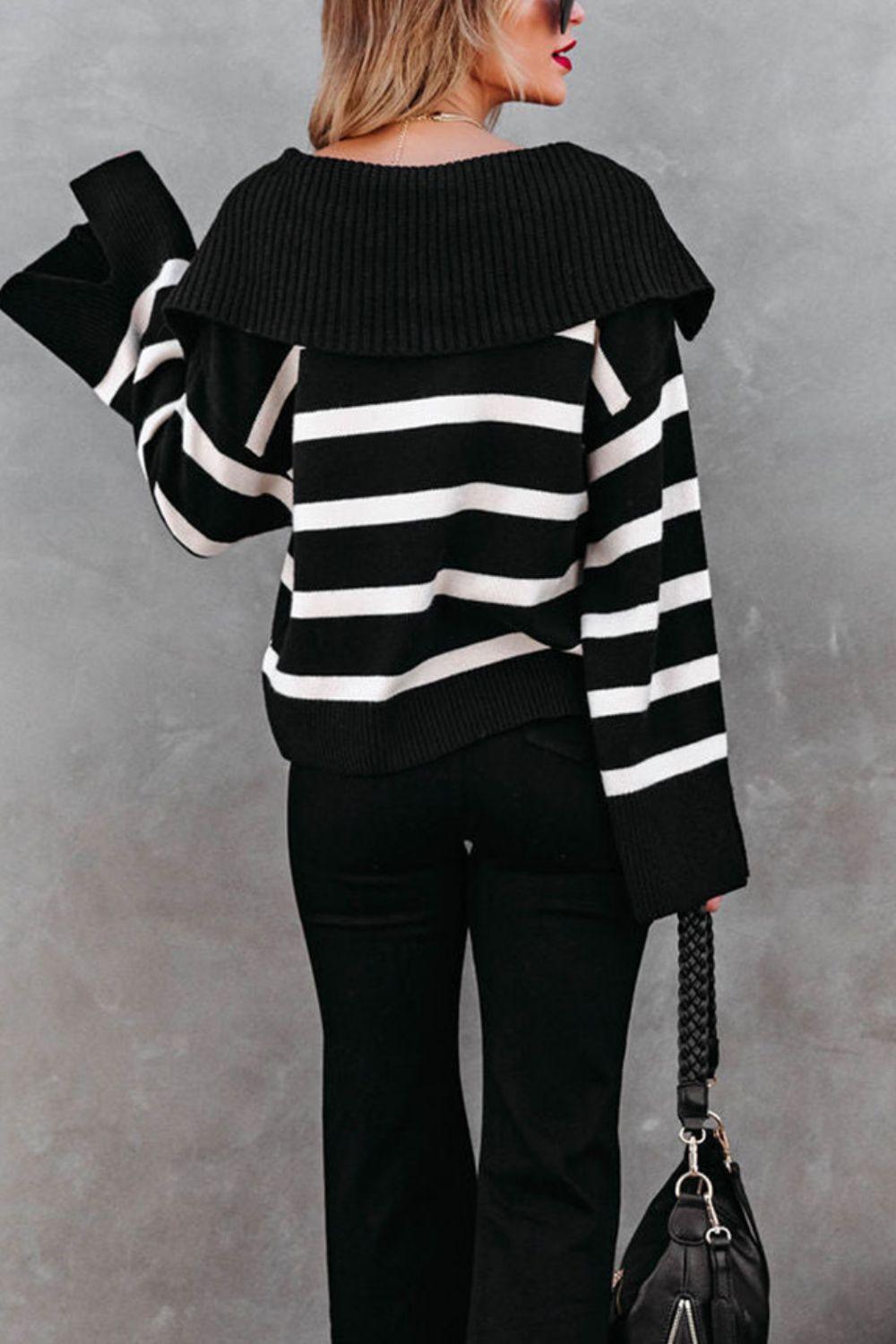 Striped Johnny Collar Long Sleeve Sweater - Bona Fide Fashion