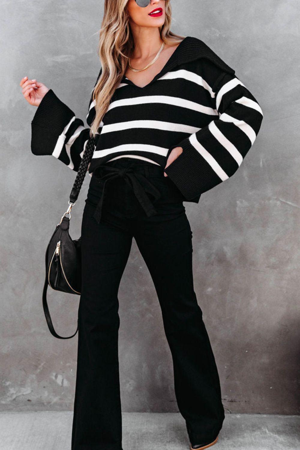 Striped Johnny Collar Long Sleeve Sweater - Bona Fide Fashion