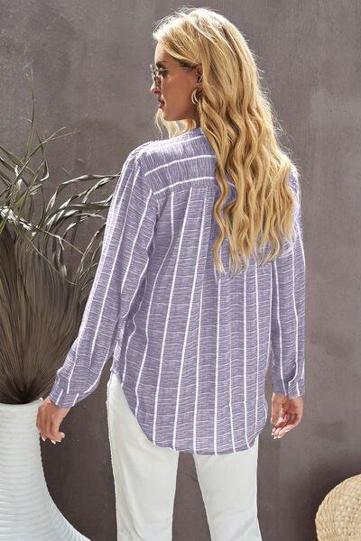 Striped Notched Long Sleeve Shirt - Bona Fide Fashion