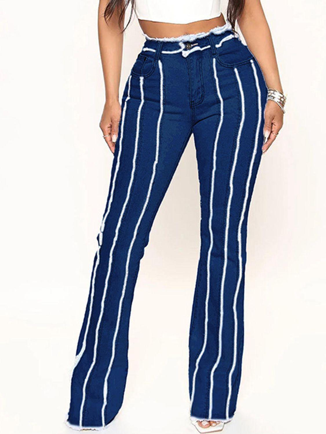 Striped Raw Hem Jeans - Bona Fide Fashion