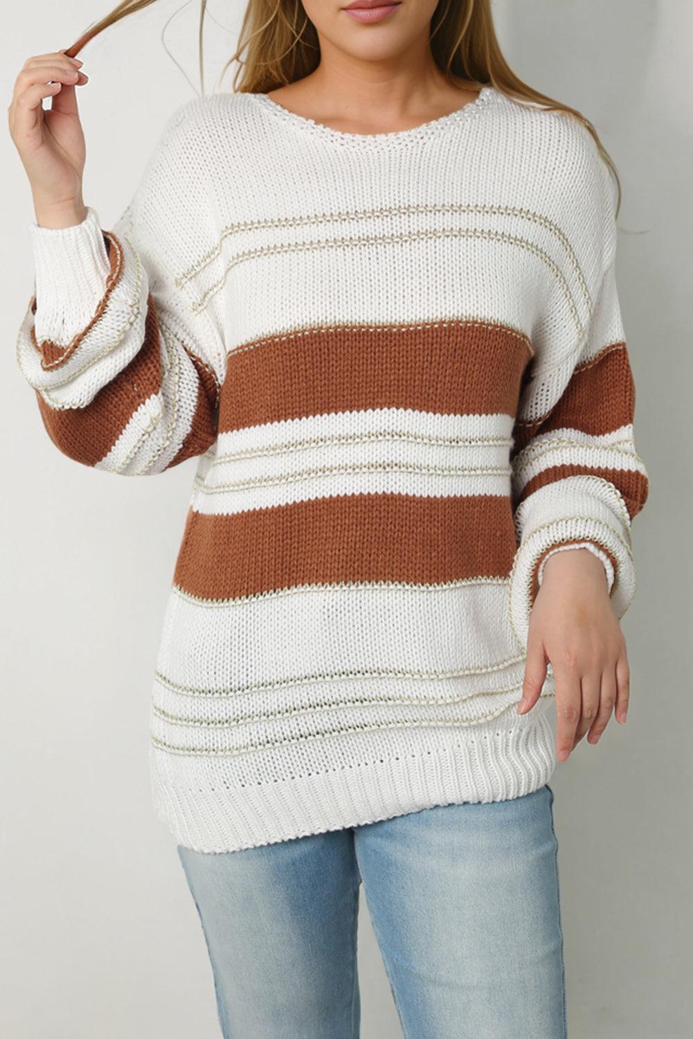 Striped Round Neck Dropped Shoulder Sweater - Bona Fide Fashion