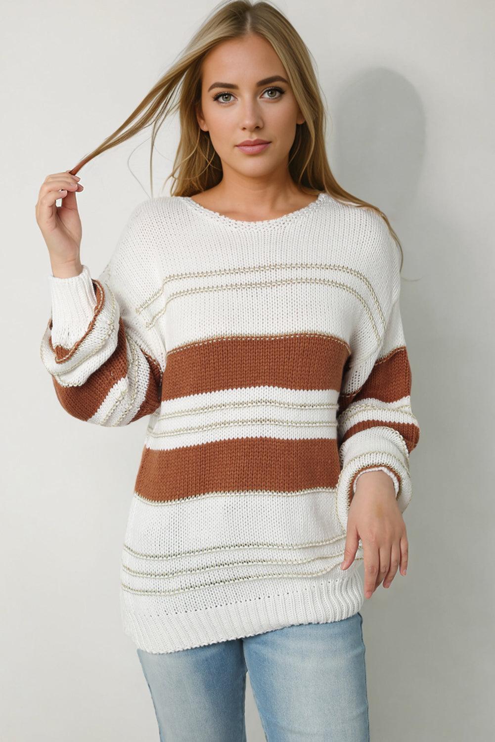 Striped Round Neck Dropped Shoulder Sweater - Bona Fide Fashion