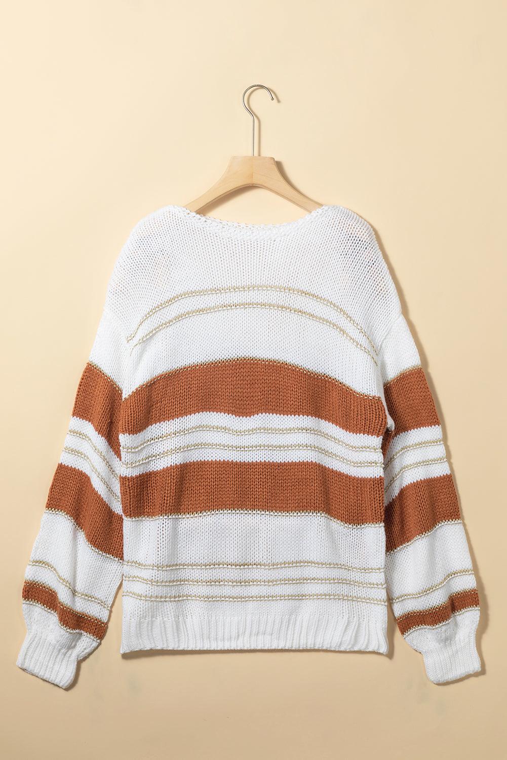 Striped Round Neck Dropped Shoulder Sweater - Bona Fide Fashion