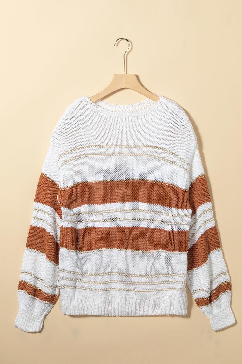 Striped Round Neck Dropped Shoulder Sweater - Bona Fide Fashion