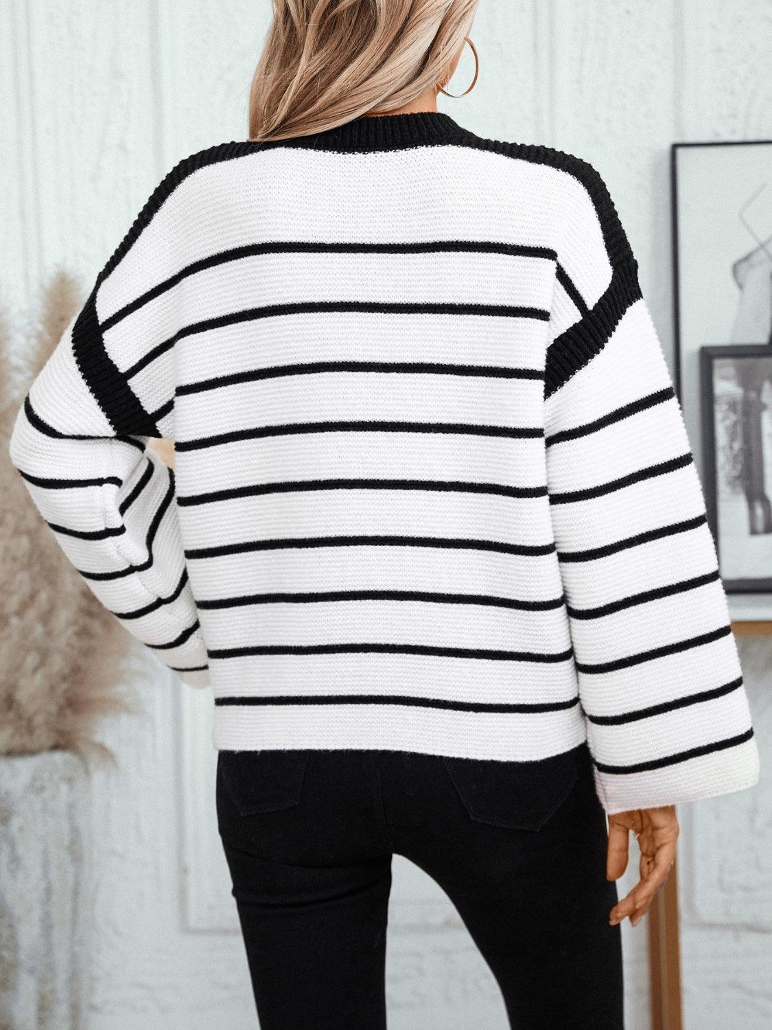 Striped Round Neck Long Sleeve Sweater - Bona Fide Fashion