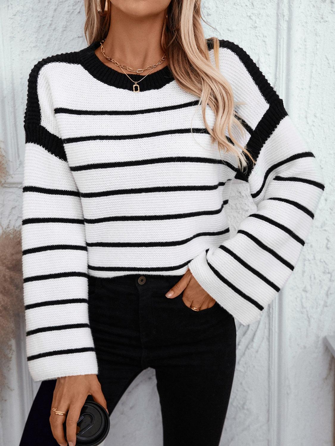 Striped Round Neck Long Sleeve Sweater - Bona Fide Fashion