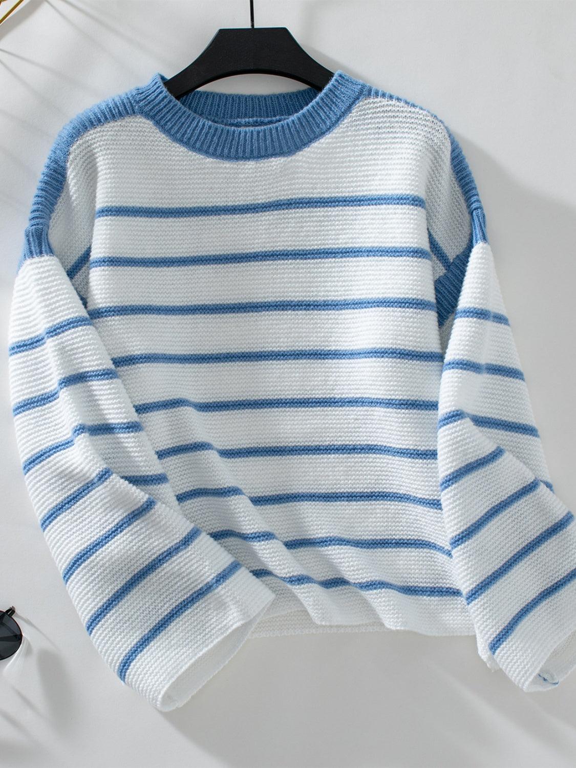 Striped Round Neck Long Sleeve Sweater - Bona Fide Fashion