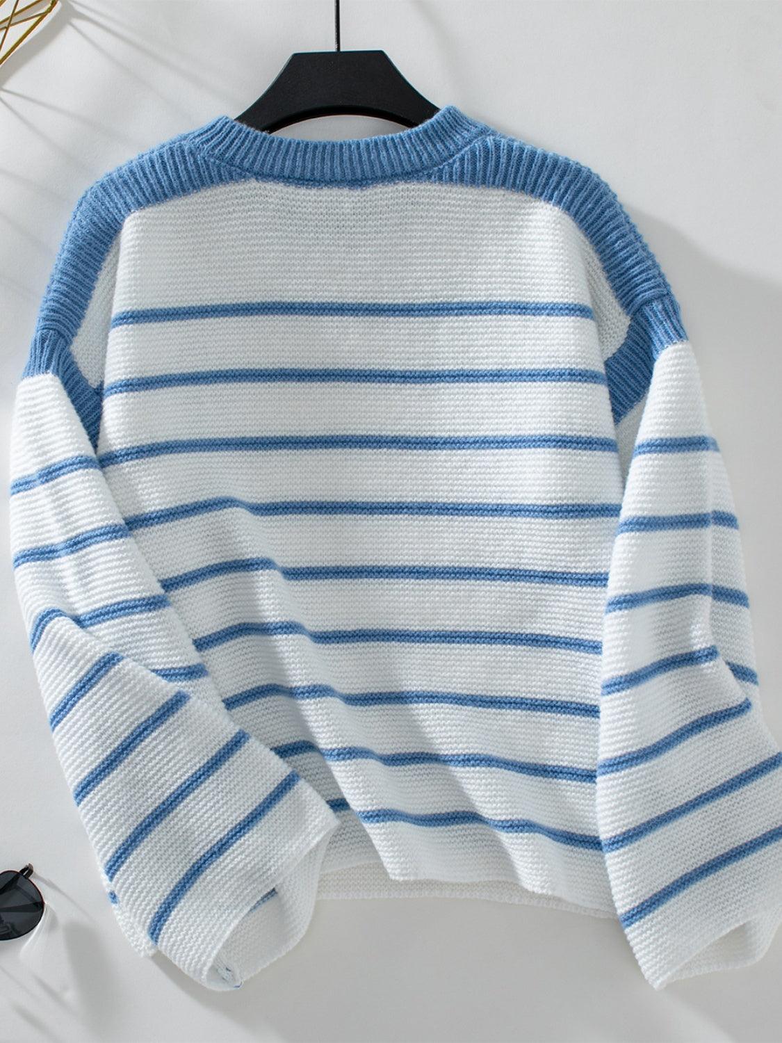 Striped Round Neck Long Sleeve Sweater - Bona Fide Fashion