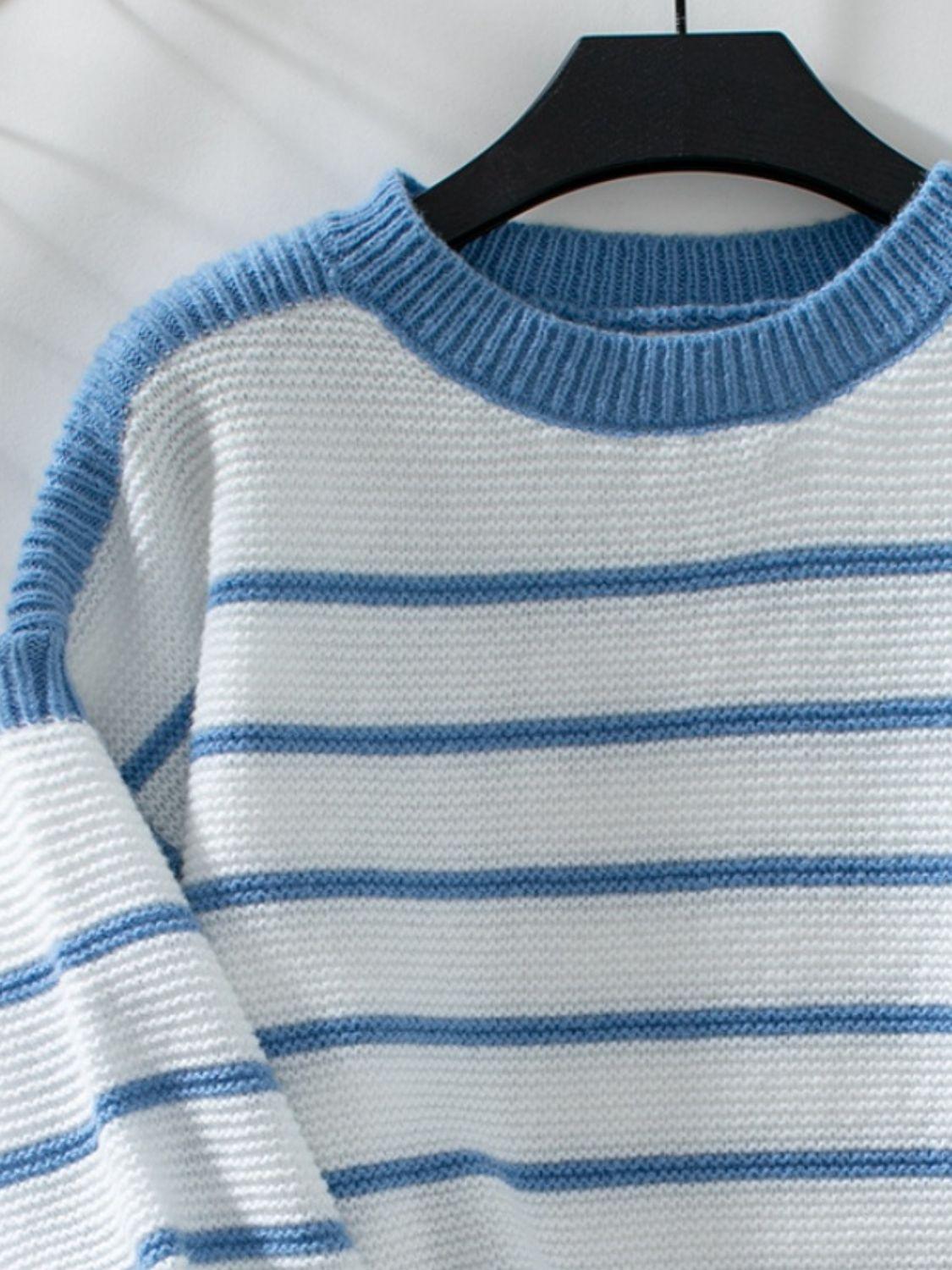 Striped Round Neck Long Sleeve Sweater - Bona Fide Fashion