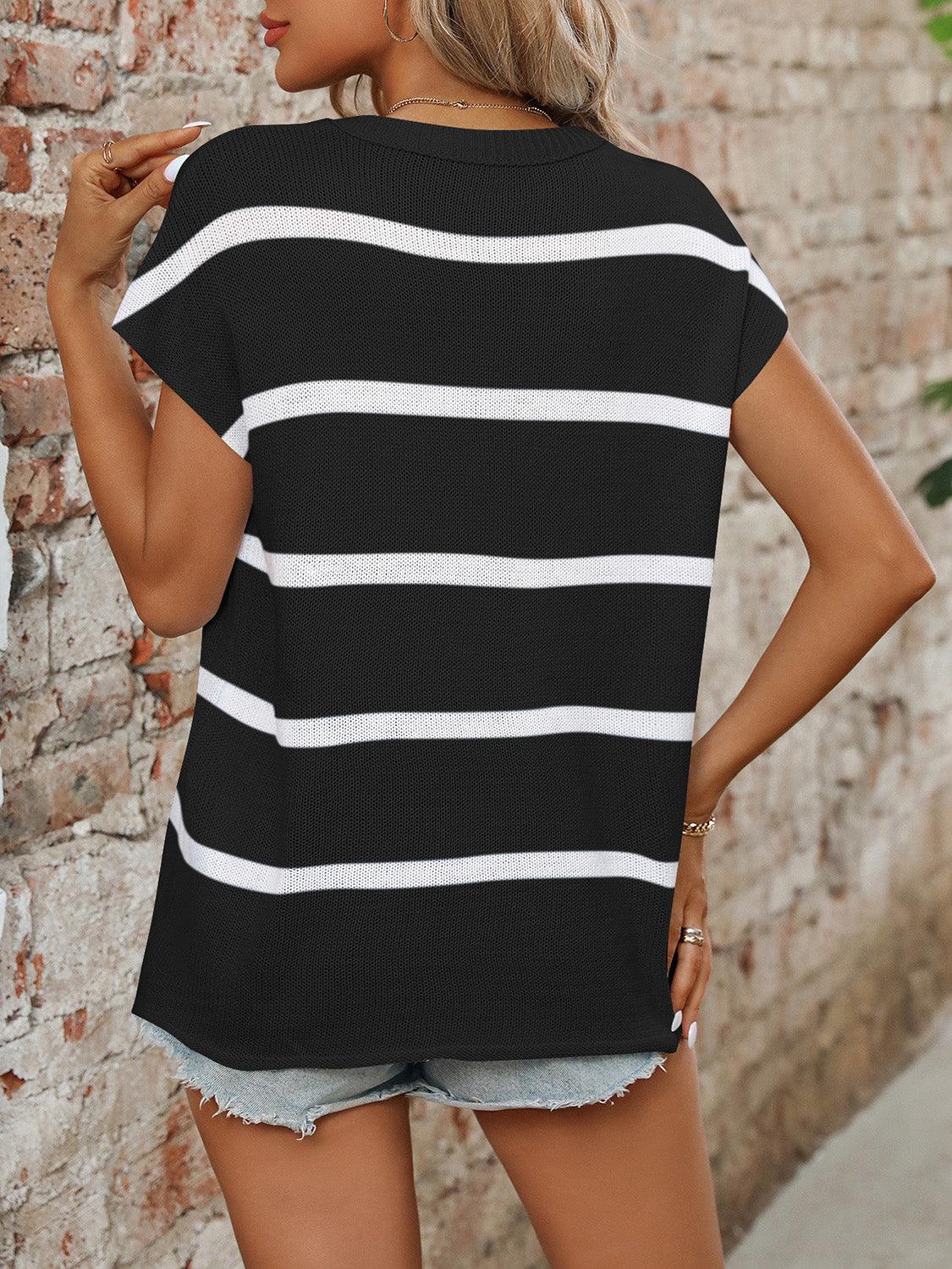 Striped Round Neck Short Sleeve Knit Top - Bona Fide Fashion