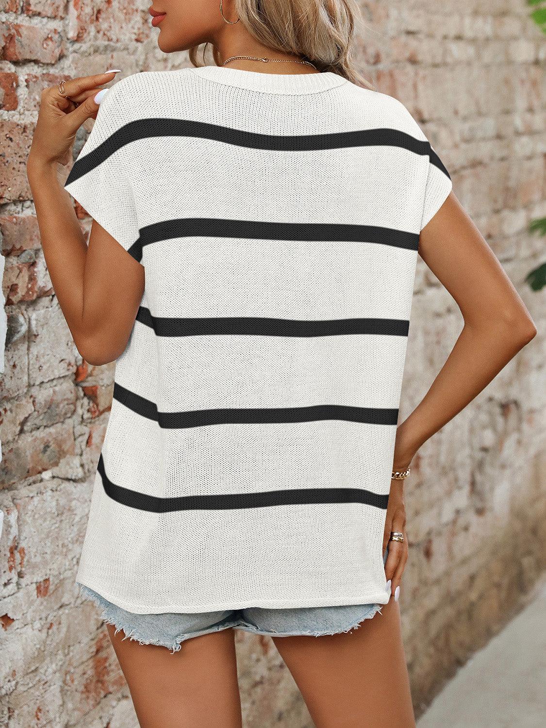 Striped Round Neck Short Sleeve Knit Top - Bona Fide Fashion