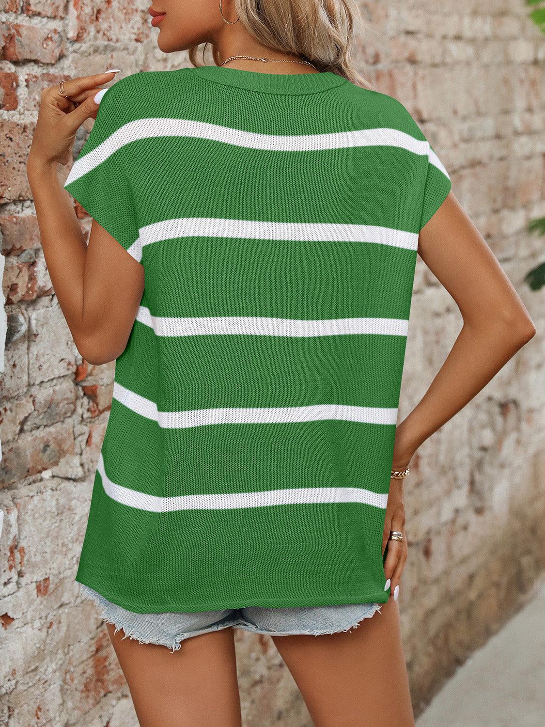 Striped Round Neck Short Sleeve Knit Top - Bona Fide Fashion