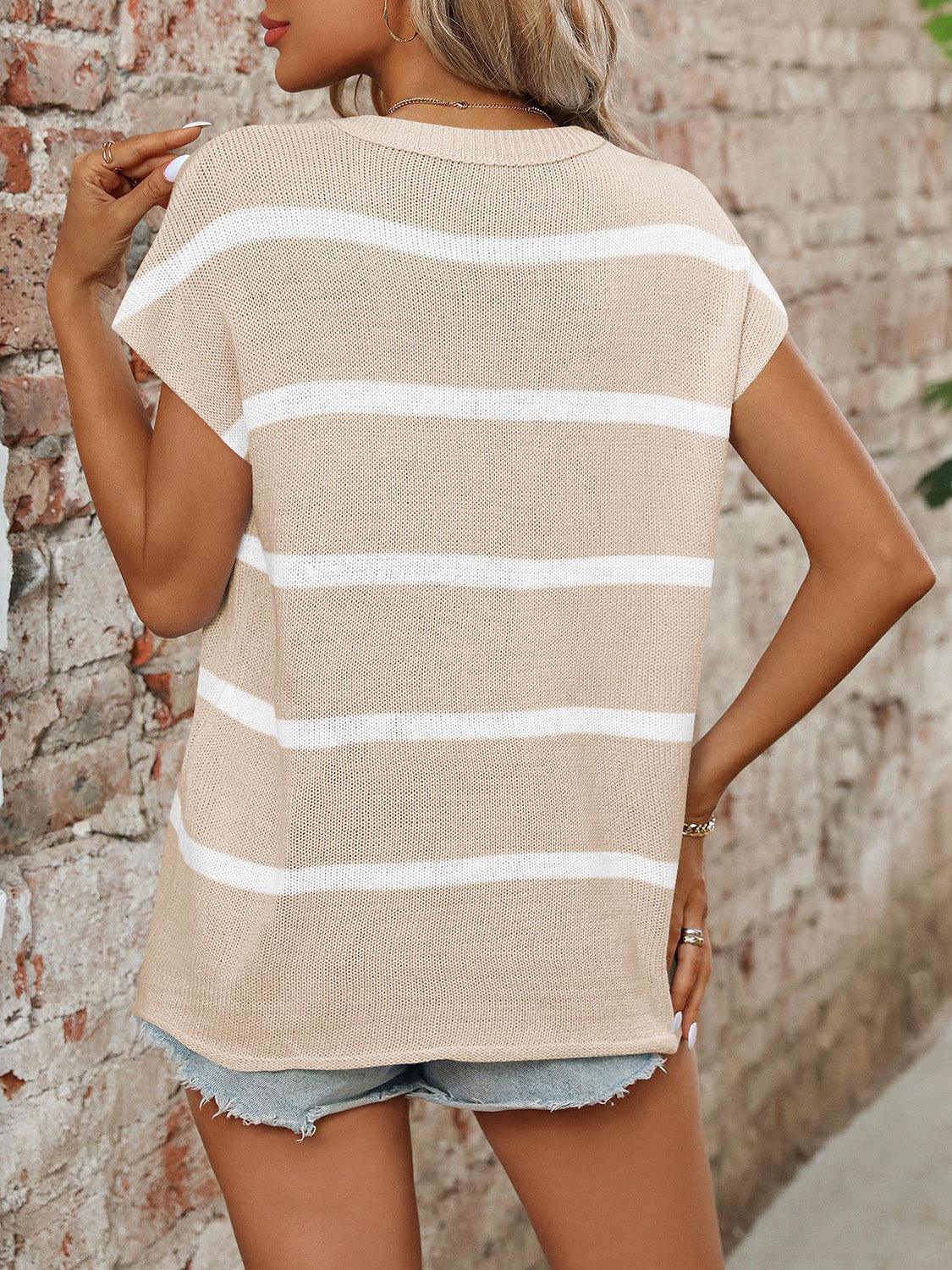 Striped Round Neck Short Sleeve Knit Top - Bona Fide Fashion