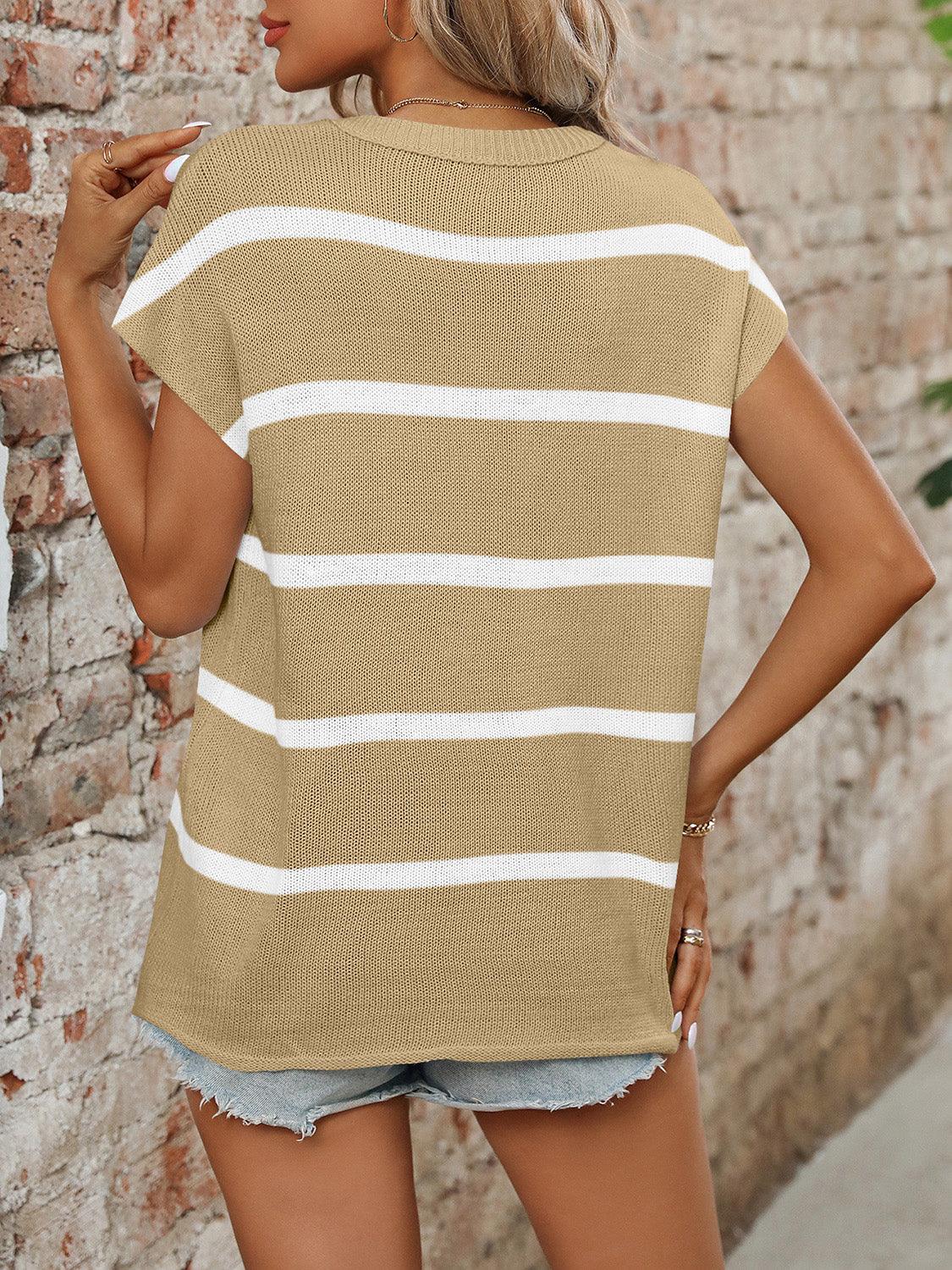 Striped Round Neck Short Sleeve Knit Top - Bona Fide Fashion