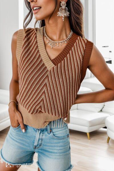 Striped V-Neck Sweater Vest - Bona Fide Fashion