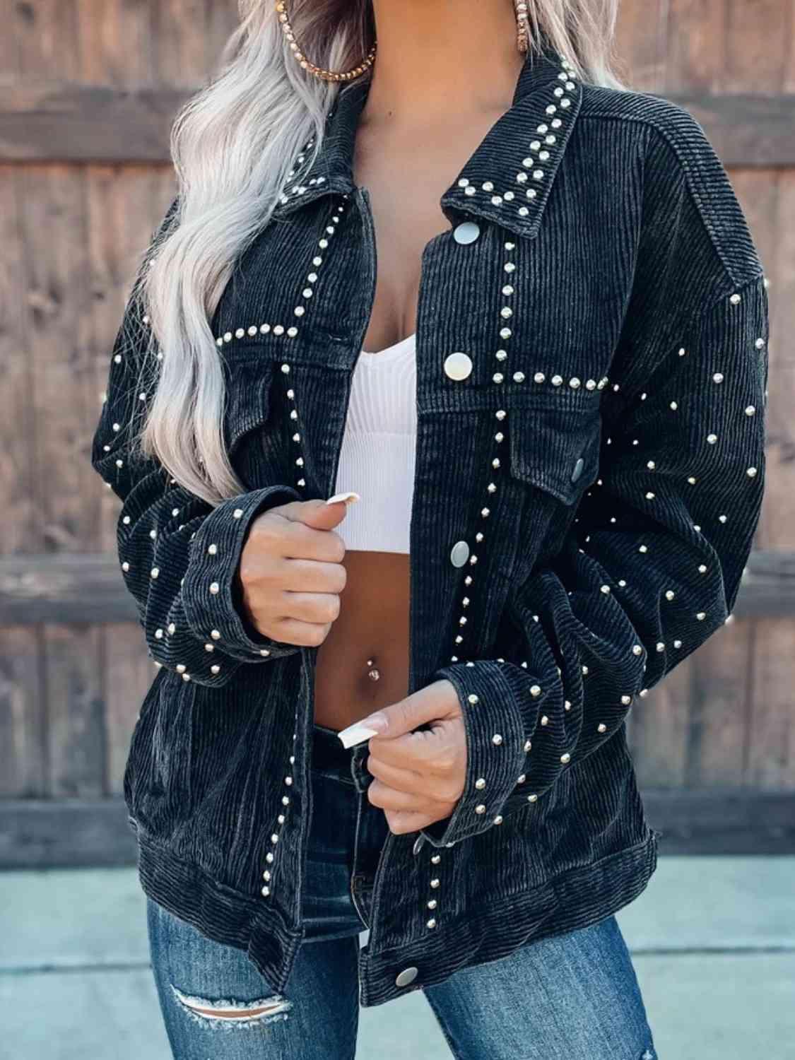 Studded Collared Neck Button Down Jacket - Bona Fide Fashion