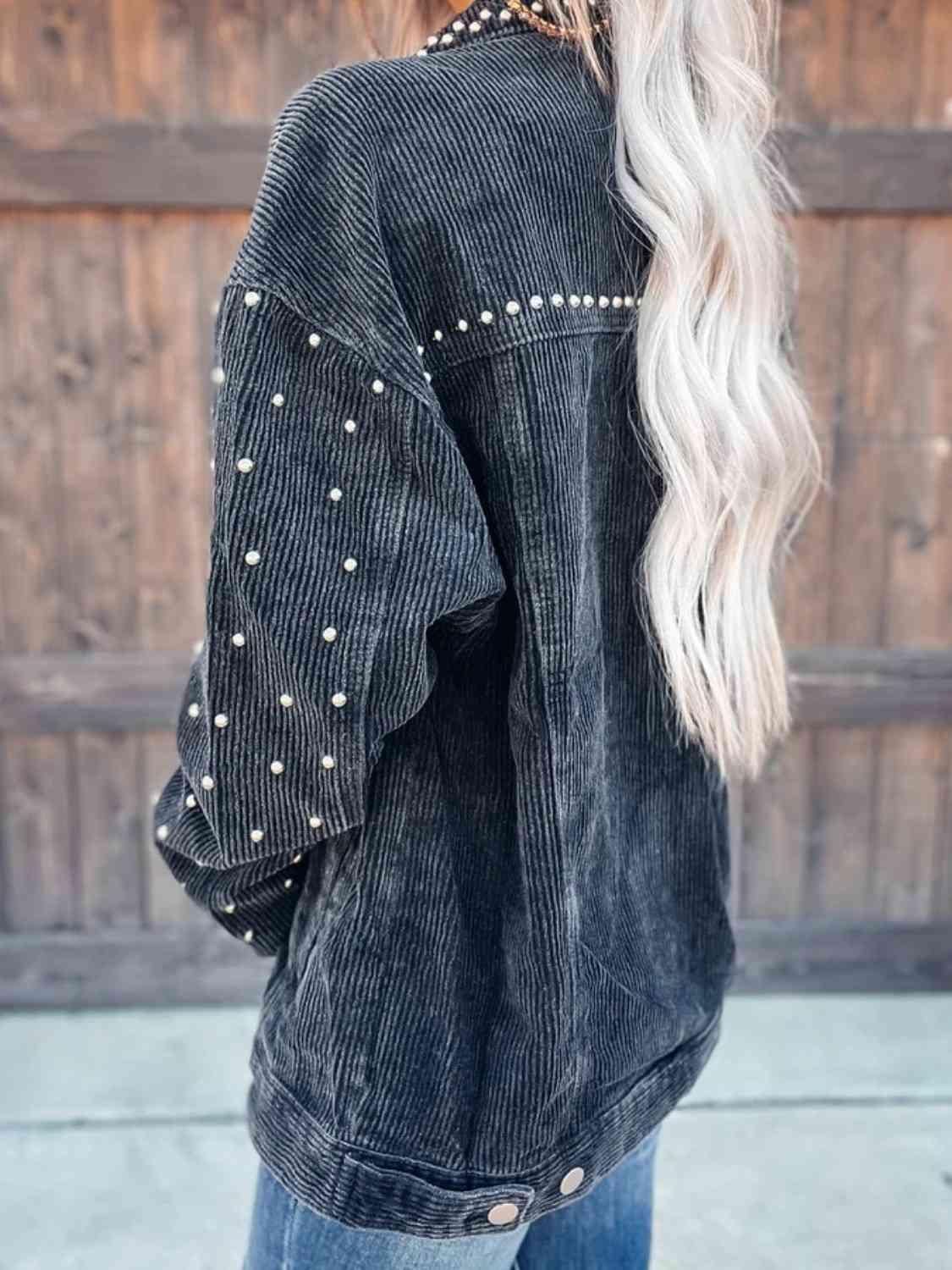 Studded Collared Neck Button Down Jacket - Bona Fide Fashion