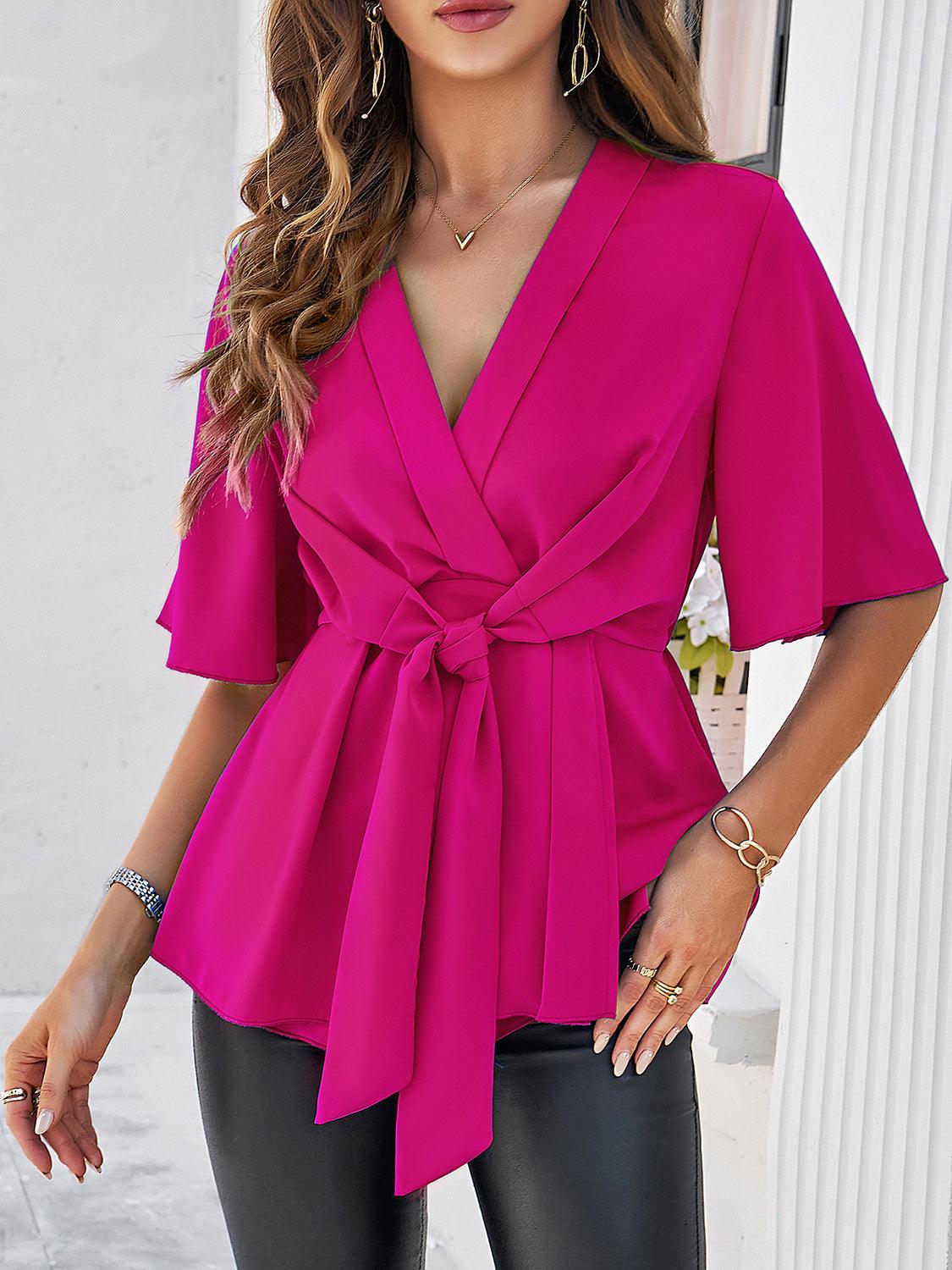 Surplice Tie Waist Half Sleeve Blouse - Bona Fide Fashion