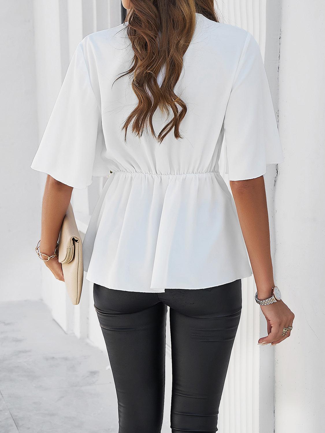 Surplice Tie Waist Half Sleeve Blouse - Bona Fide Fashion