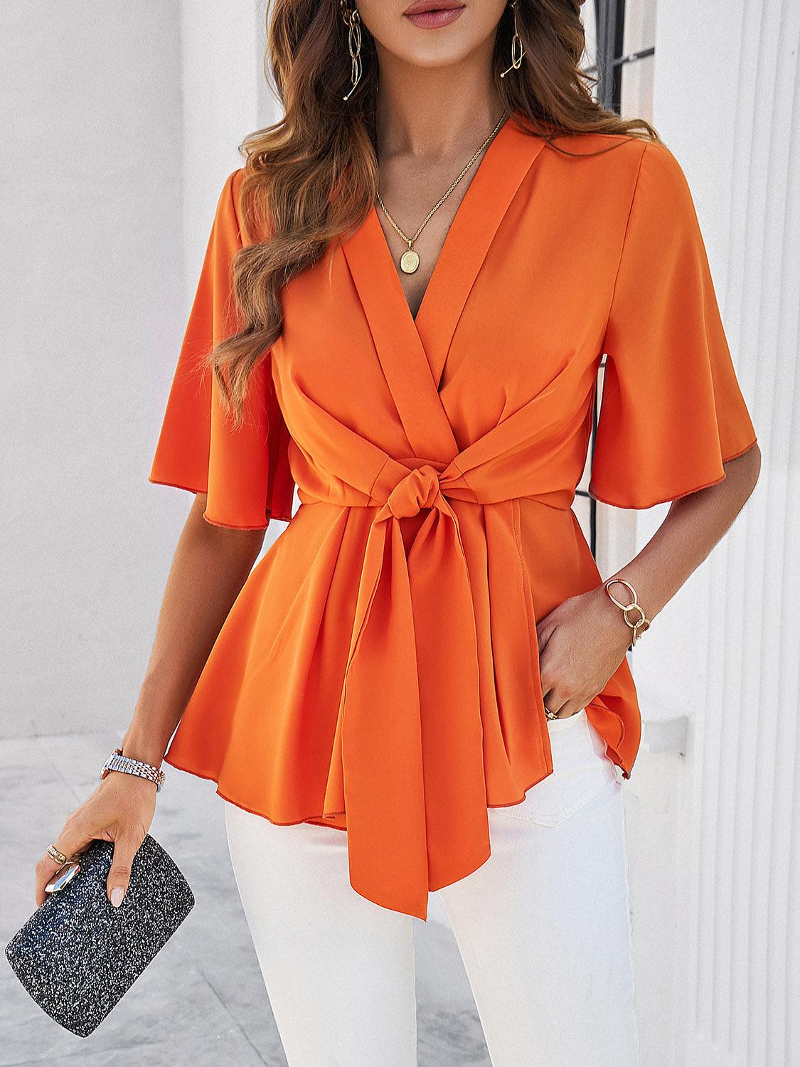 Surplice Tie Waist Half Sleeve Blouse - Bona Fide Fashion