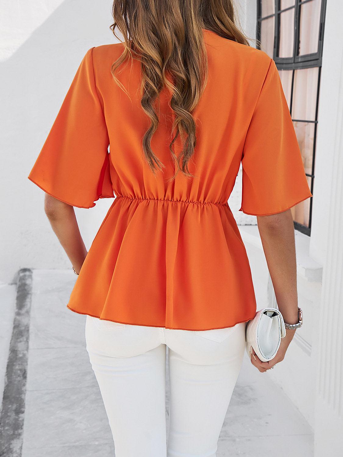 Surplice Tie Waist Half Sleeve Blouse - Bona Fide Fashion