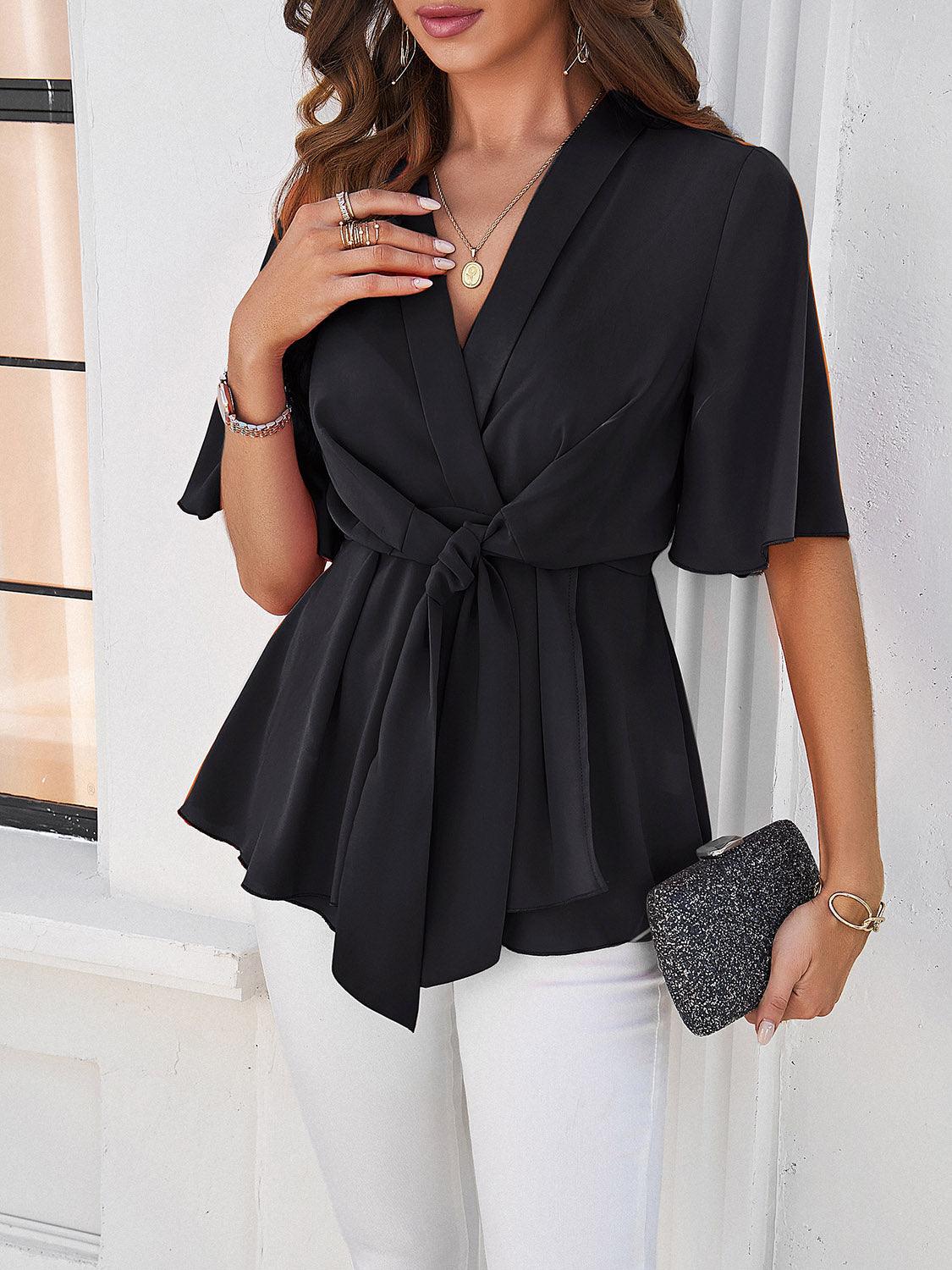 Surplice Tie Waist Half Sleeve Blouse - Bona Fide Fashion