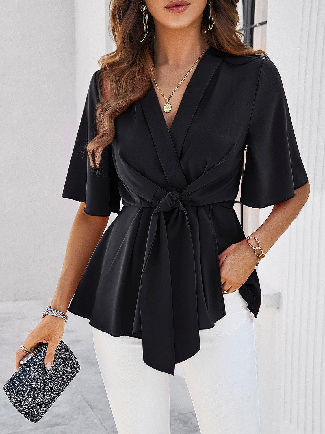 Surplice Tie Waist Half Sleeve Blouse - Bona Fide Fashion