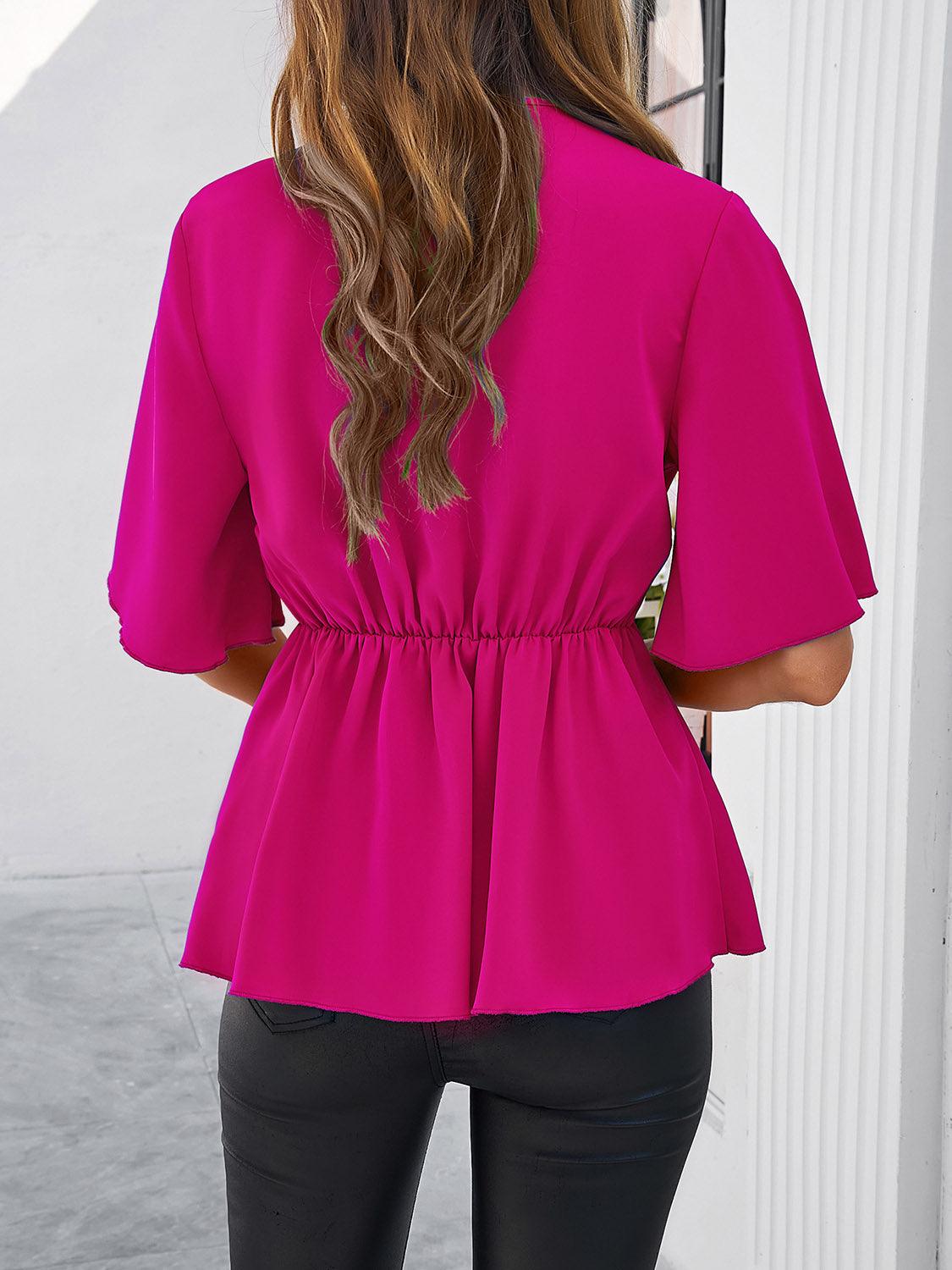 Surplice Tie Waist Half Sleeve Blouse - Bona Fide Fashion