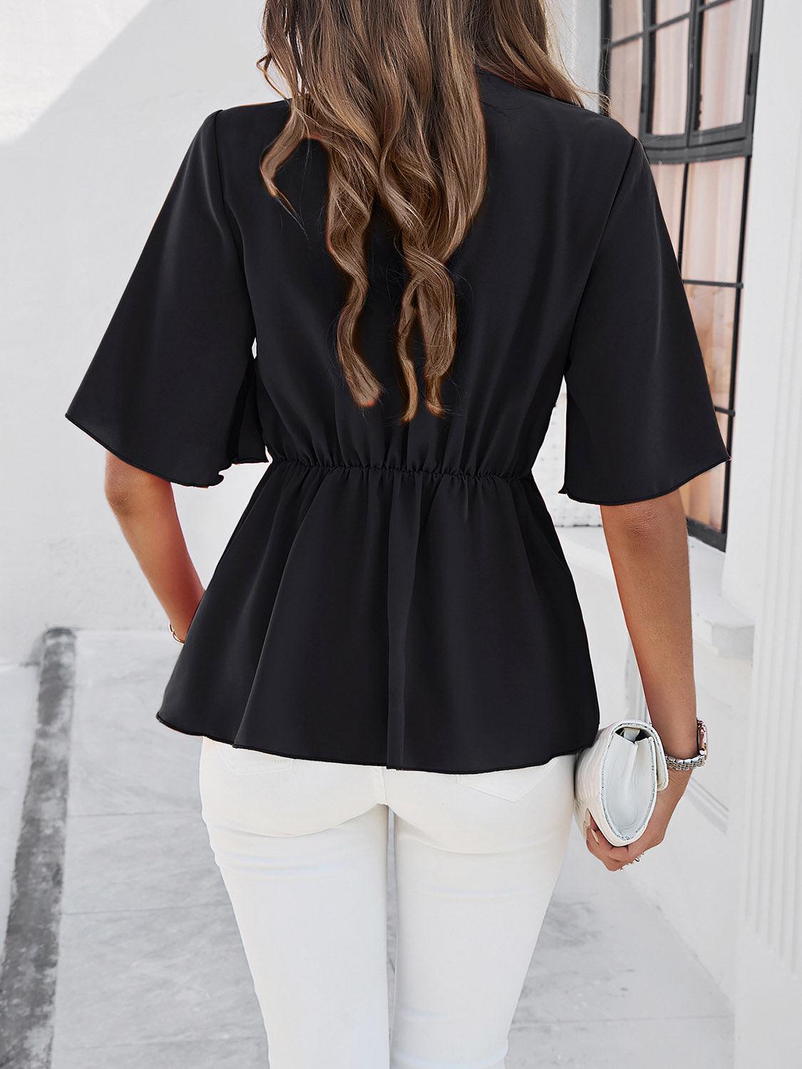 Surplice Tie Waist Half Sleeve Blouse - Bona Fide Fashion