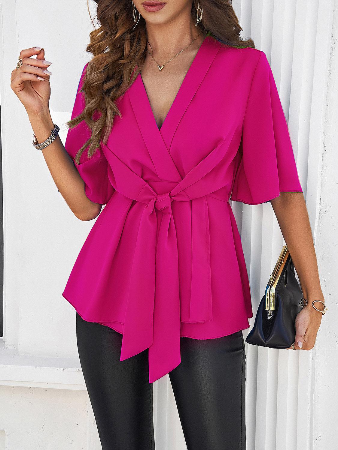 Surplice Tie Waist Half Sleeve Blouse - Bona Fide Fashion