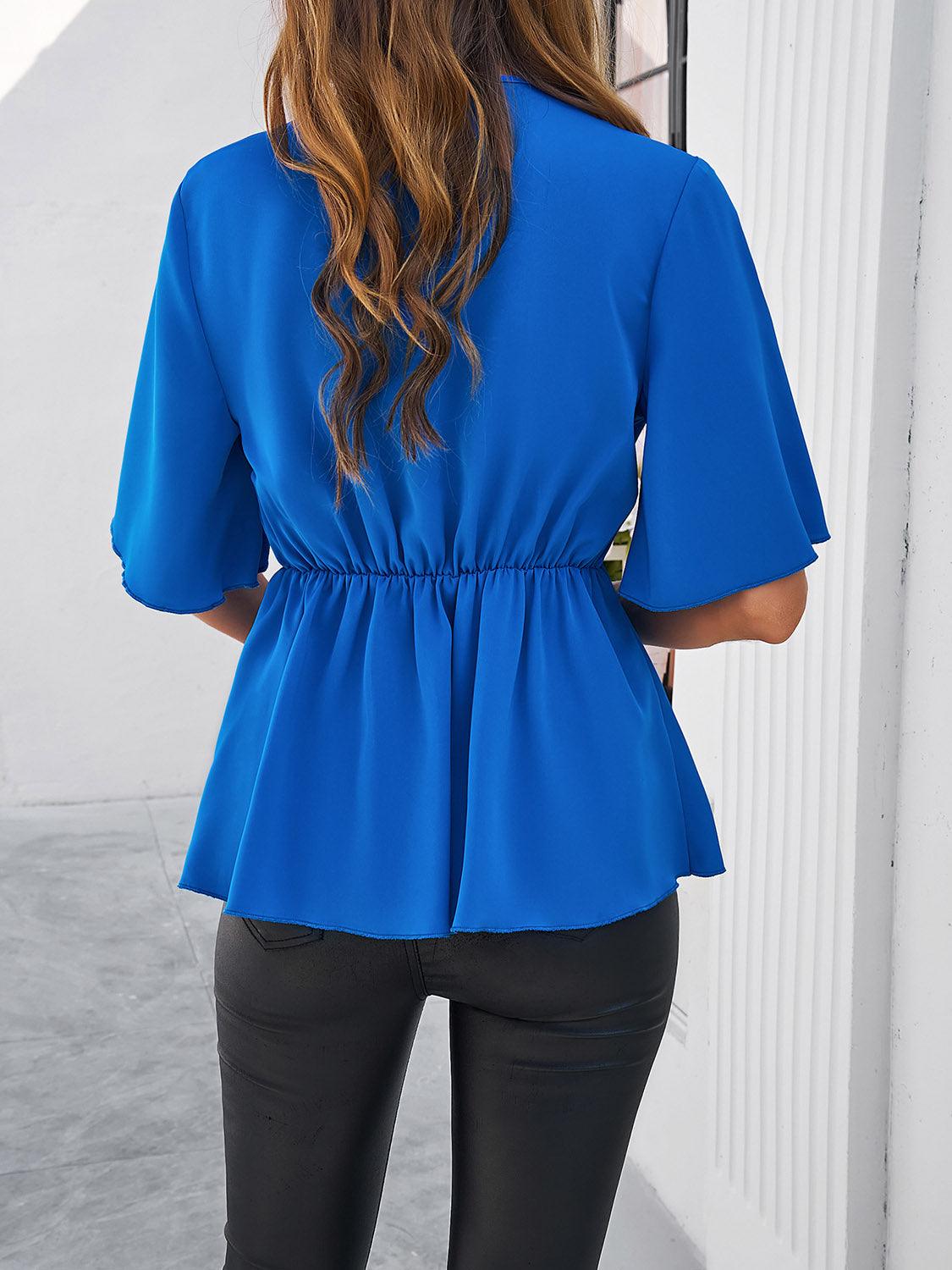 Surplice Tie Waist Half Sleeve Blouse - Bona Fide Fashion