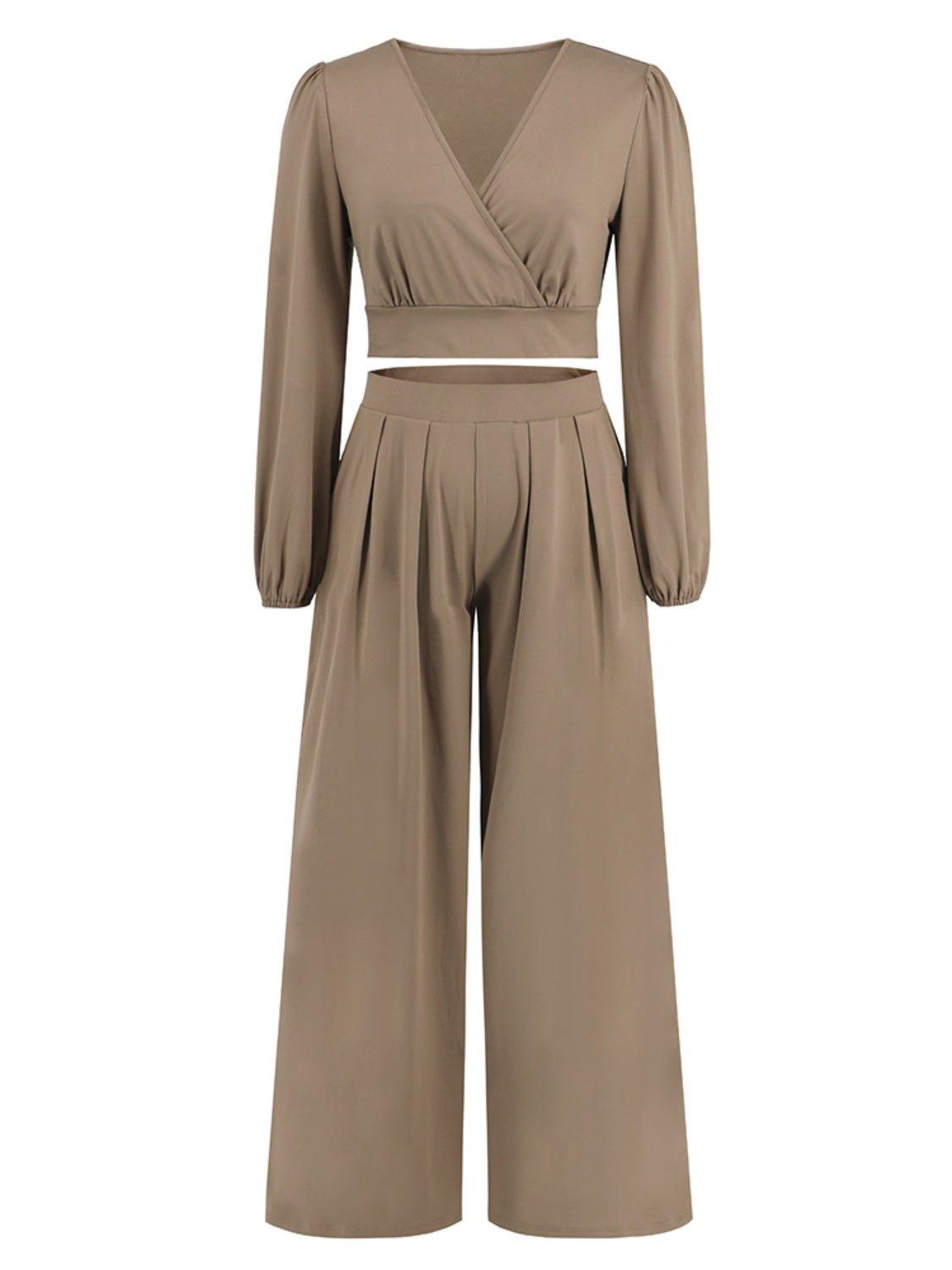 Surplice Top and Wide Leg Pants Set - Bona Fide Fashion