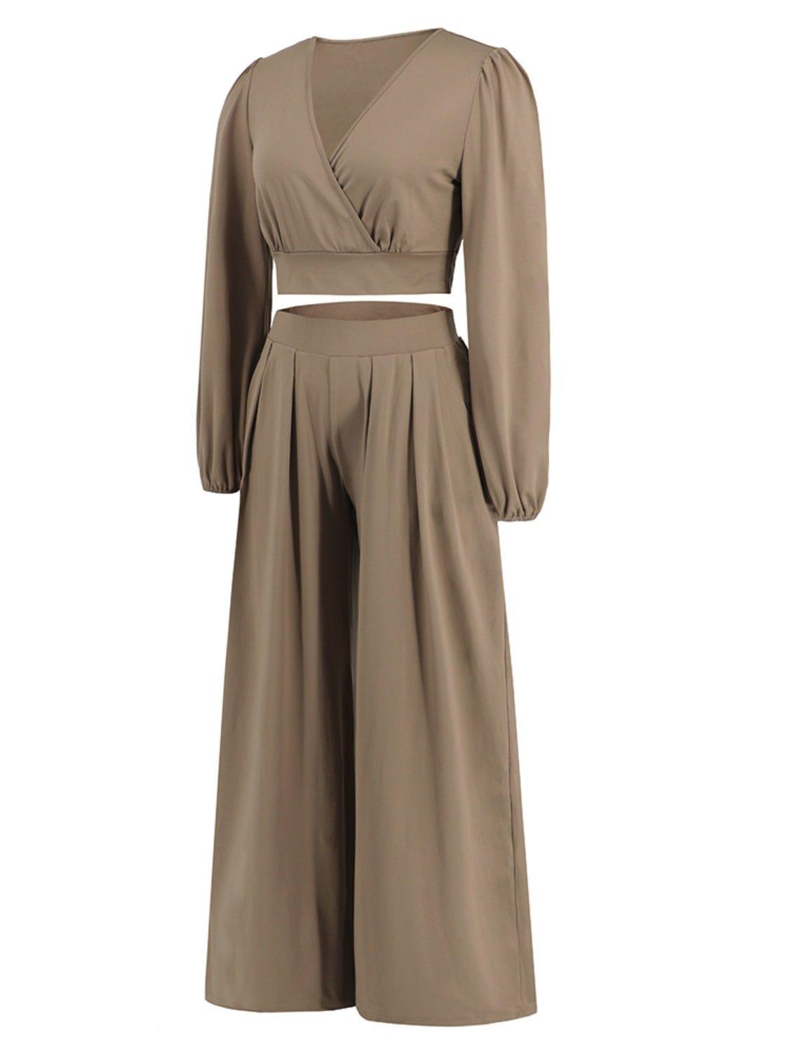 Surplice Top and Wide Leg Pants Set - Bona Fide Fashion