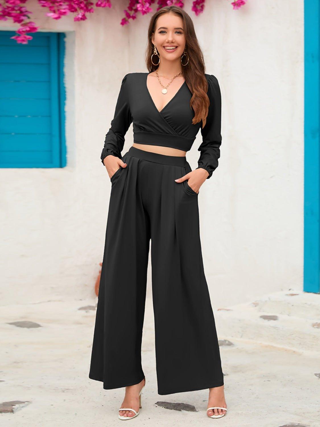 Surplice Top and Wide Leg Pants Set - Bona Fide Fashion