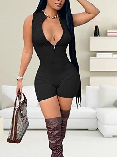 SUZONANA Women's Summer Sexy Rib Knitted Jumpsuits Bodycon Sleeveless Zipper Rompers - Bona Fide Fashion