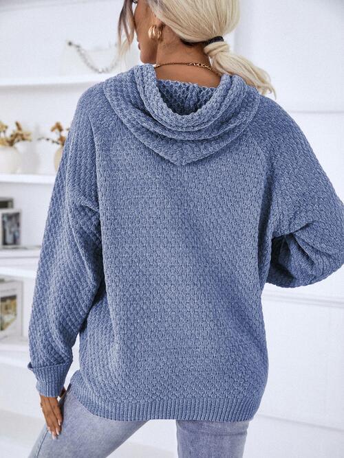 Texture Drawstring Long Sleeve Hooded Sweater - Bona Fide Fashion