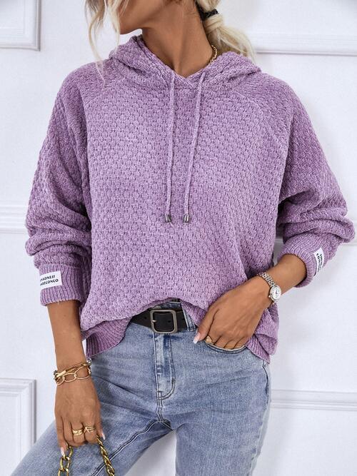 Texture Drawstring Long Sleeve Hooded Sweater - Bona Fide Fashion