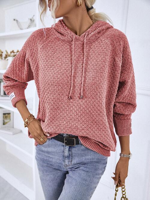 Texture Drawstring Long Sleeve Hooded Sweater - Bona Fide Fashion