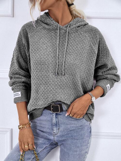 Texture Drawstring Long Sleeve Hooded Sweater - Bona Fide Fashion