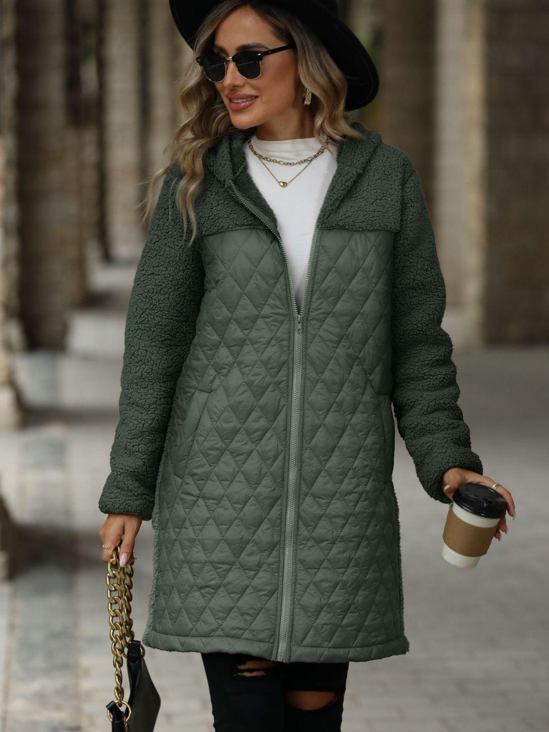 Texture Zip Up Long Sleeve Hooded Coat - Bona Fide Fashion